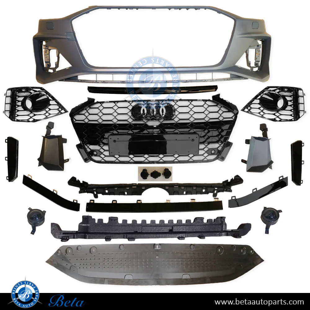 Audi A4 (2020-2024), Front Bumper RS4  Look with PDC, Park Assist and Radiator Grille, China, 8W0807065BK