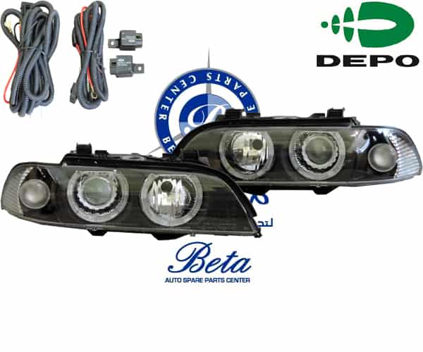 BMW 5 Series E39 (1996-2002), Headlamp with Angel Eyes (Black), Depo